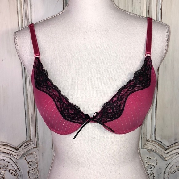 Rampage Intimates Pink with Metallic Stripes and Black Lace Trim Padded Bra - Picture 1 of 9